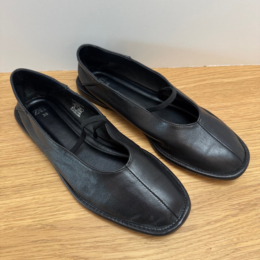 Zara Genuine Leather Ballet Flats Black Minimal Mary Jane Style